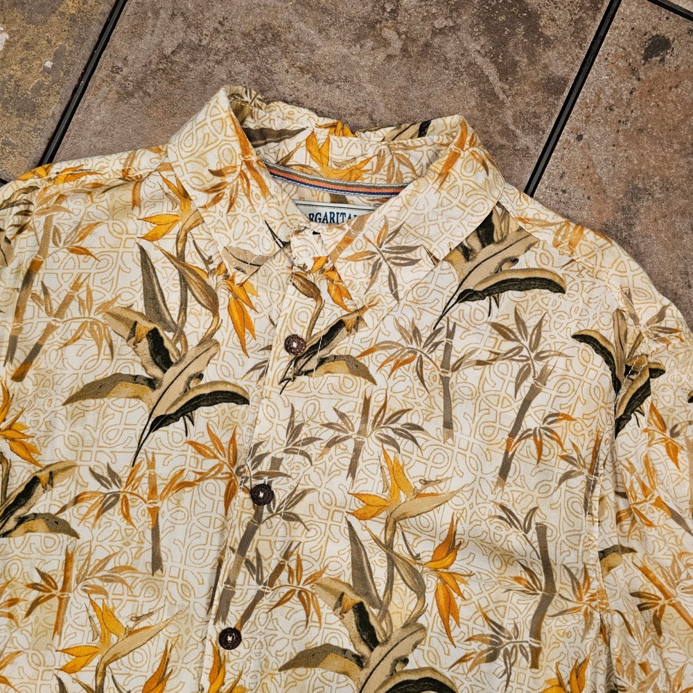 Margaritaville Mens Large Rayon Hawaiian Shirt Tropical Bamboo Floral Cream L/G